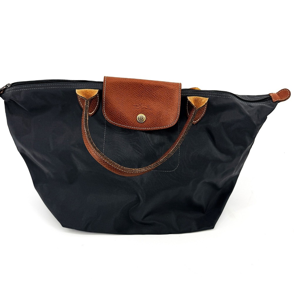 Longchamp Le Pliage Handbag Black Nylon Leather Trim Tote Bag Classic Minimalist